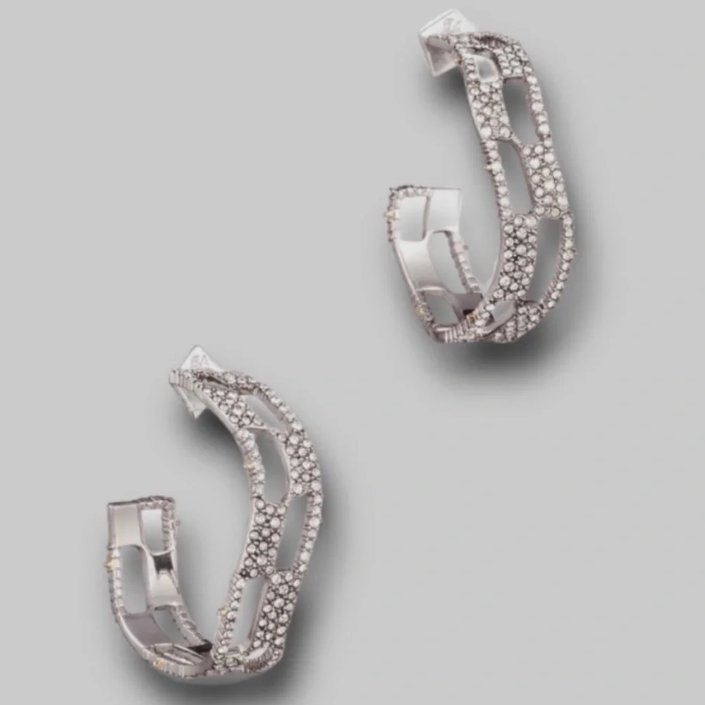 ALEXIS BITTAR • Silver Crystal Georgian Checkerboard Wavy Hoop Earrings